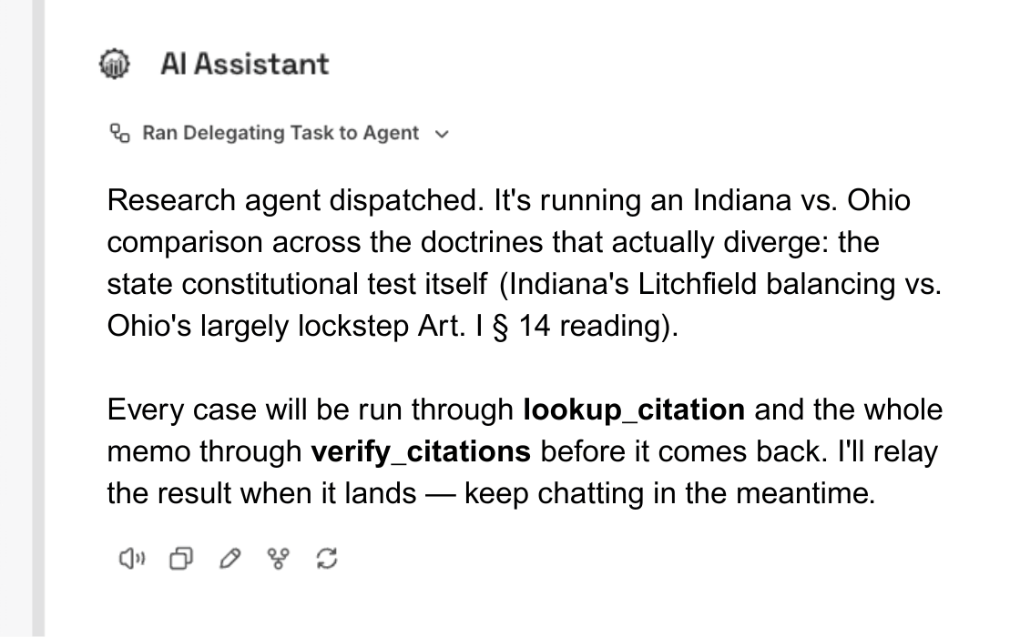 A task running in the background while the user continues a separate conversation.