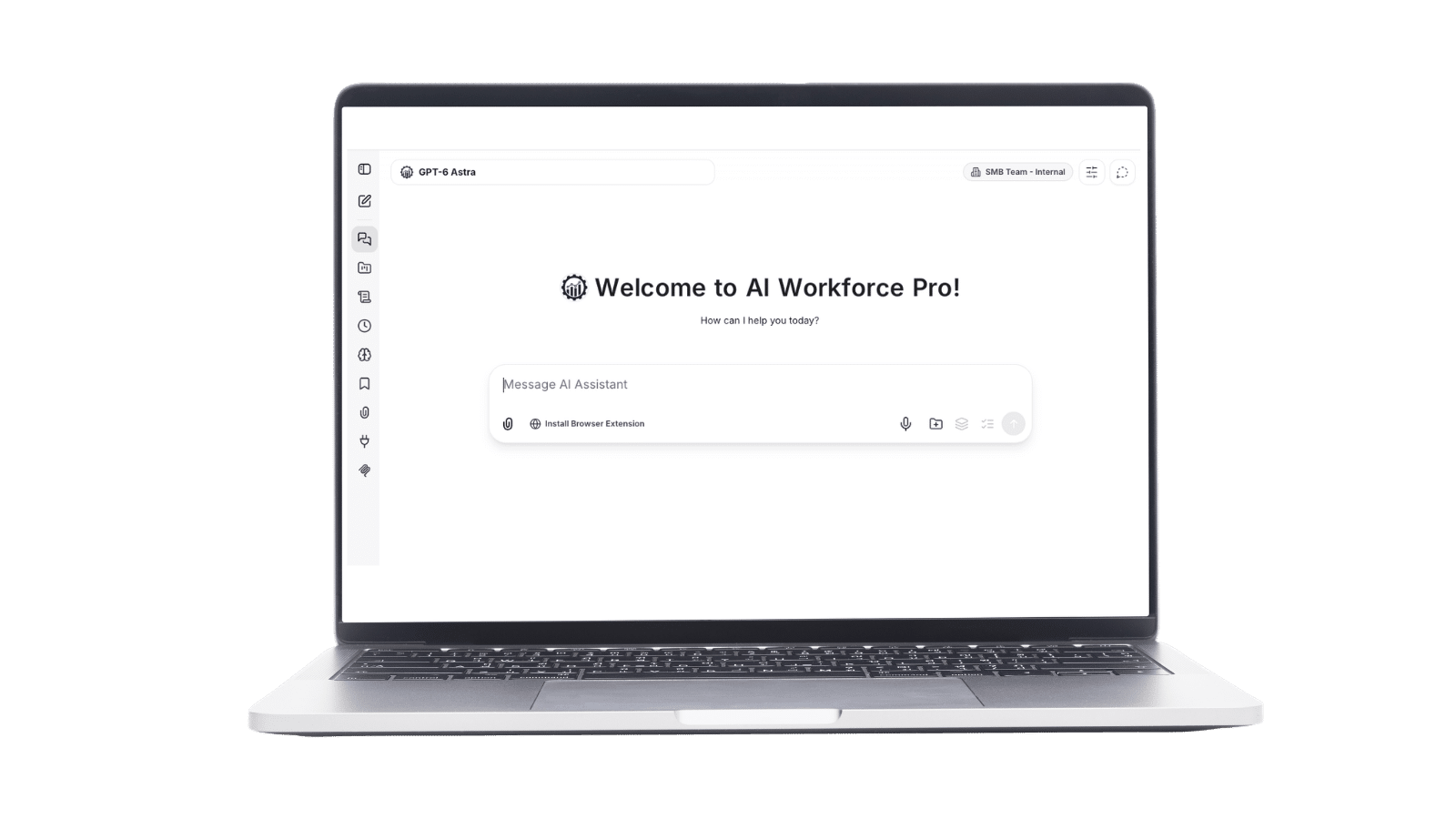 AI Workforce Pro shown on a laptop: the firm workspace with AI agents listed in the sidebar