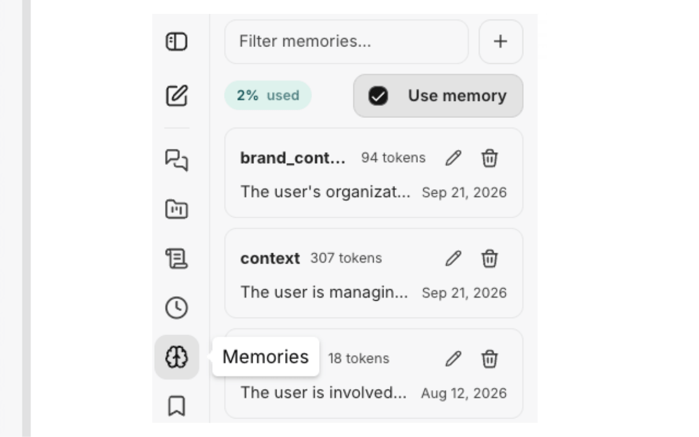The private memory panel listing what the platform remembers.